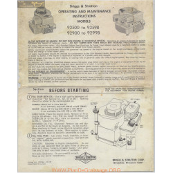 Briggs And Stratton Operating And Maintenance Instructions Models 92500 92598 92900 92998 Operating
