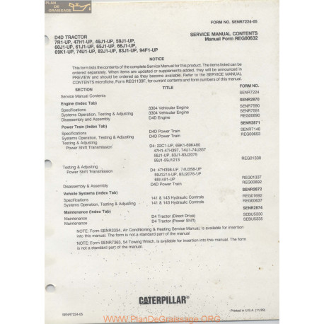 Caterpillar D4d Table Of Contents Senr7224 05