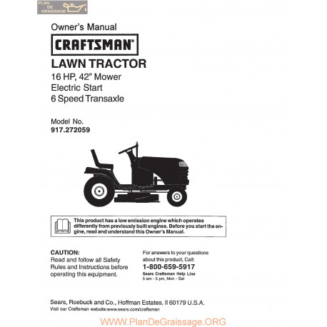 Craftsman Lawn Tractor 16hp 917 272059 Owners Manual