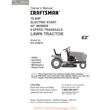 Craftsman Lawn Tractor 19hp 917 270813 L0809578 Owner Manual