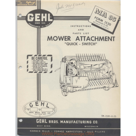 Gehl Ma85 Mower Attachment Instruction And Part List