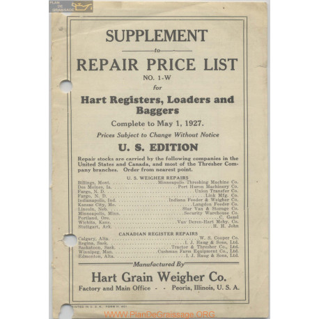 Hart Carter H461 1 May Repair Price List 1927