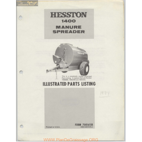 Hesston 1400 Manure Spreader Parts Listing