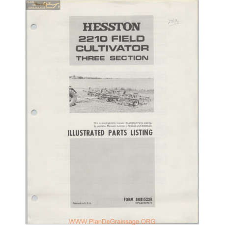 Hesston 2210 Field Cultivator Three Section Parts Listing R