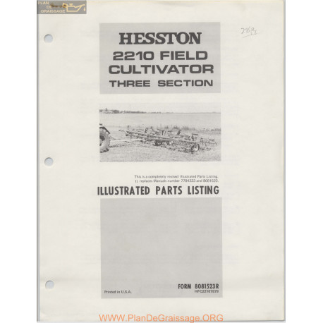 Hesston 2210 Field Cultivator Three Section Parts Listing R