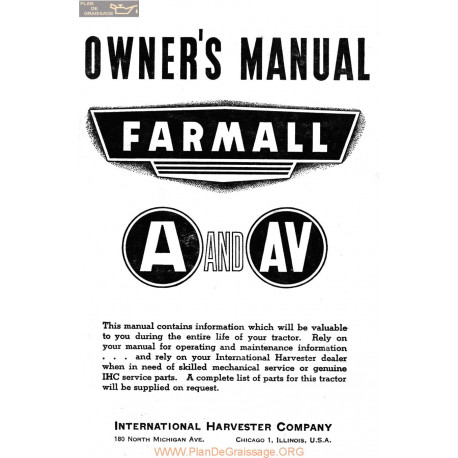 International Ihc Farmall A Owners Manual