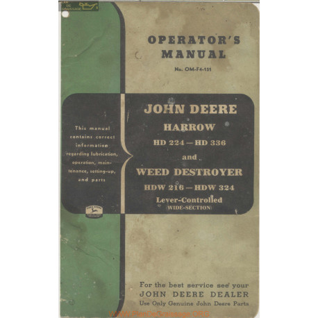 John Deere Hd 224 336 Harrow Operator Manual 1951 Om F4 151