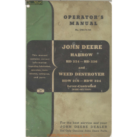 John Deere Hdw 216 324 Weed Destroyer Operator Manual 1951 Om F4 151