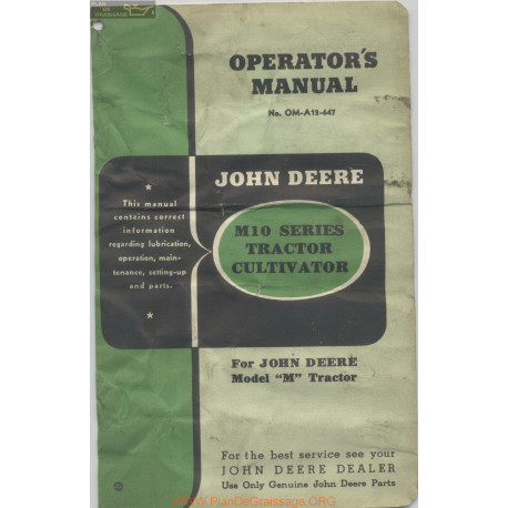 John Deere M10 Series Tractor Cultivator Operator Manual 1947 Om A12 647