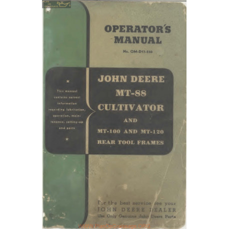 John Deere Mt88 Cultivator Operator Manual 1958 Om D17 250