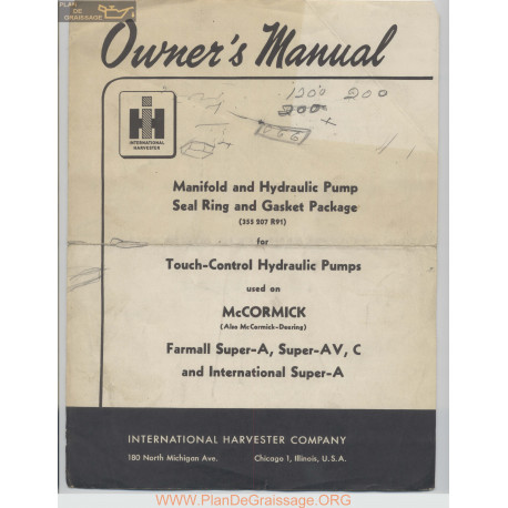 Mc Cornick 335 207 R91 Manifold And Hydraulic Pump Seal Ring And Gasket Package Owners Manual