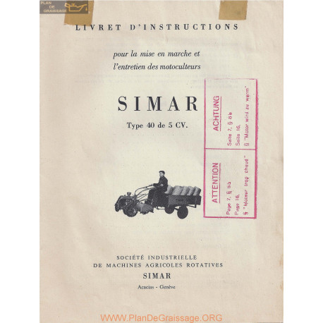 Simar 40 5cv Motoculteur Livret Instructions