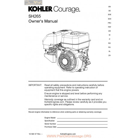 Kohler Sh265 Manuel Utilisateur