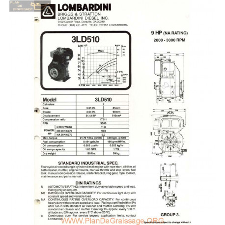 Lombardini 3 Ld 510 9hp 3000rpm Fiche Info