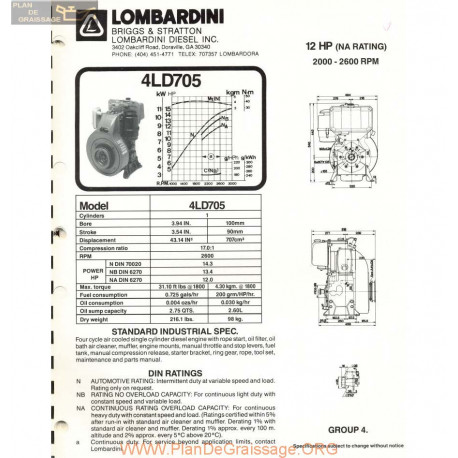 Lombardini 4 Ld 705 12hp 2600rpm Fiche Info