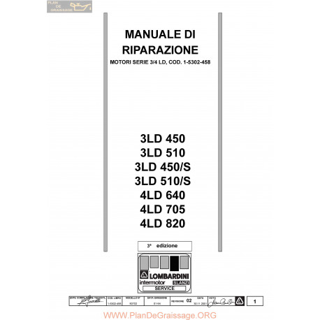 Lombardini Moteurs 3 Ld 450 510 4 Ld 640 705 Et 820 Manuel Entretien