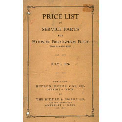 Hudson 1926 Brougham Service Parts Price List July 1926