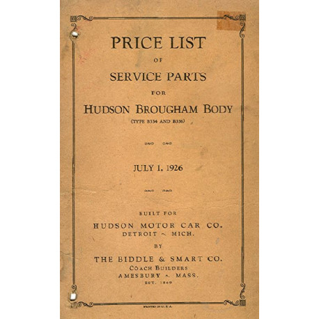 Hudson 1926 Brougham Service Parts Price List July 1926