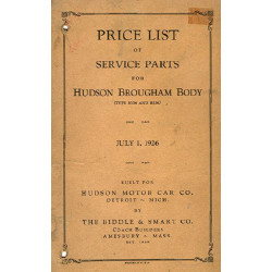 Hudson 1926 Brougham Service Parts Price List