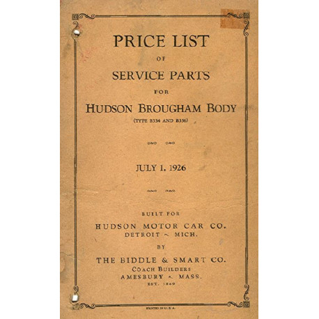 Hudson 1926 Brougham Service Parts Price List