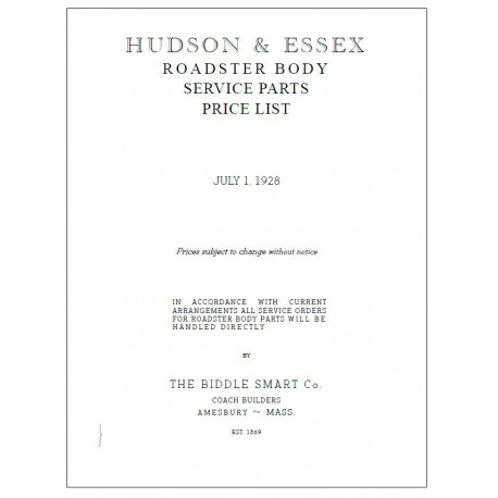 Hudson 1928 Roadster Body Parts List