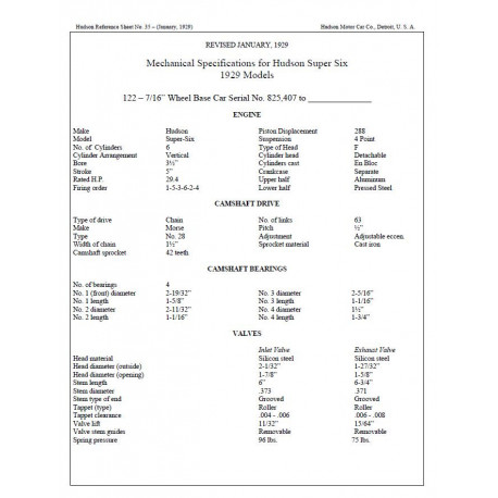 Hudson 1929 Mechanical Specifications