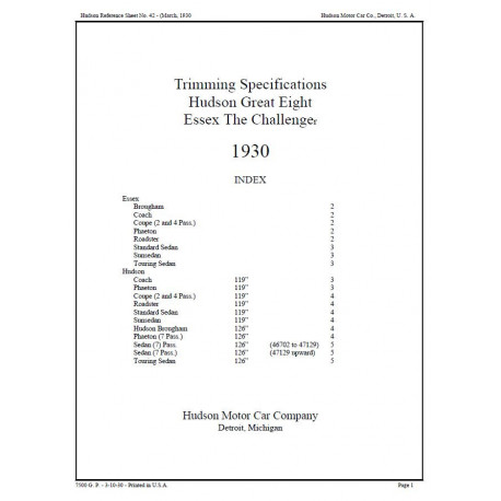Hudson 1930 Ref Sheet 42 Trim Specs