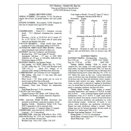 Hudson 1935 Six Model 53 Tune Up Spec