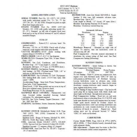 Hudson 1937 38 8 Tune Up Spec
