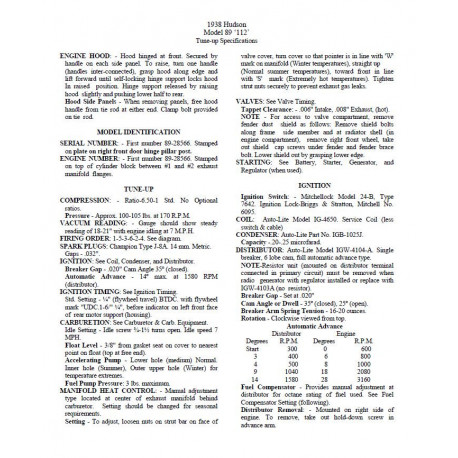 Hudson 1938 112 Tune Up Spec