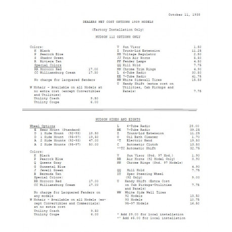 Hudson 1939 Dealer Net Cost Options Prices Sanfrancisco