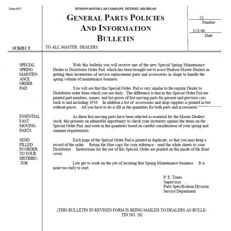 Hudson 1940 Series General Parts Policies Info Bulletins